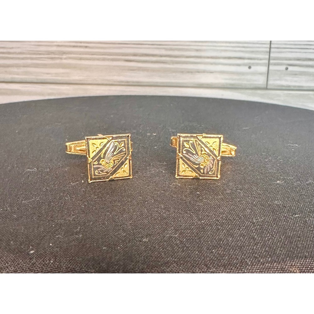 Spanish Damascene Vintage Gold Tone & Black Cufflinks Etched Bird/Floral Motif